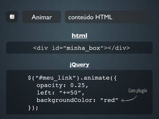 Animar   conteúdo HTML

           html
 <div id=”minha_box”></div>

           jQuery

$(“#meu_link”).animate({
  opacity: 0.25,
  left: “+=50”,            Com plugin
  backgroundColor: “red”
});
 