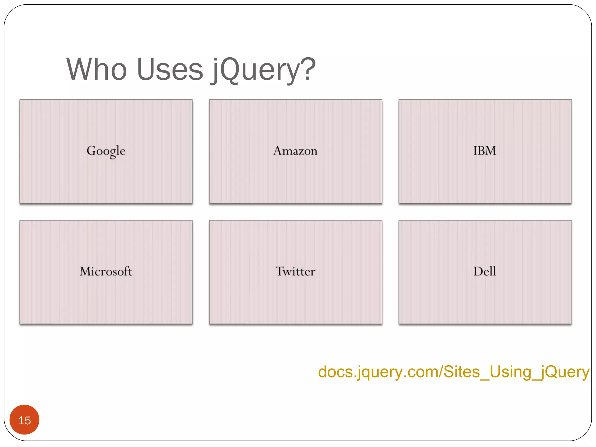 Who Uses jQuery?

docs.jquery.com/Sites_Using_jQuery
15

 