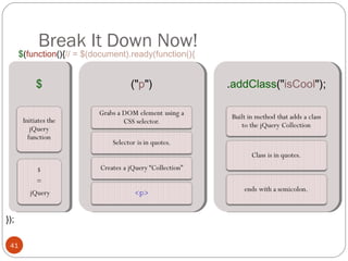 Break It Down Now!

$(function(){// = $(document).ready(function(){

$

});
41

("p")

.addClass("isCool");

 
