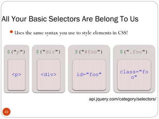 All Your Basic Selectors Are Belong To Us
Uses the same syntax you use to style elements in CSS!

api.jquery.com/category/selectors/
42

 