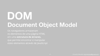 Eduardo Mendes (edumendes@gmail.com)
Document Object Model
Os navegadores armazenam
os elementos de uma página HTML
em uma estrutura de árvores,
que permite encontrar e manipular
estes elementos através de JavaScript
10
DOM
 