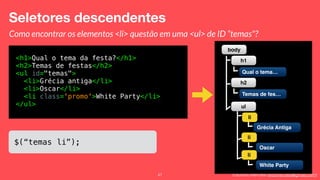 Eduardo Mendes (edumendes@gmail.com)47
Seletores descendentes
Como encontrar os elementos <li> questão em uma <ul> de ID “temas"?
<h1>Qual o tema da festa?</h1>
<h2>Temas de festas</h2>
<ul id="temas">
<li>Grécia antiga</li>
<li>Oscar</li>
<li class='promo'>White Party</li>
</ul>
$(“temas li”);
body
h1
Qual o tema…
ul
li
Grécia Antiga
h2
Temas de fes…
li
Oscar
li
White Party
 