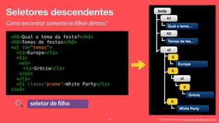 Eduardo Mendes (edumendes@gmail.com)49
Seletores descendentes
Como encontrar somente os ﬁlhos diretos?
<h1>Qual o tema da festa?</h1>
<h2>Temas de festas</h2>
<ul id="temas">
<li>Europa</li>
<li>
<ul>
<li>Grécia</li>
</ul>
</li>
<li class='promo'>White Party</li>
</ul>
body
h1
Qual o tema…
ul
li
Europa
h2
Temas de fes…
li
Grécia
li
White Party
ul
li
seletor de ﬁlho
 