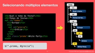 Eduardo Mendes (edumendes@gmail.com)51
Selecionando múltiplos elementos
<h1>Qual o tema da festa?</h1>
<h2>Temas de festas</h2>
<ul id="temas">
<li>Europa</li>
<li>
<ul id="grecia">
<li>Grécia</li>
</ul>
</li>
<li class='promo'>White Party</li>
</ul>
$(“.promo, #grecia”);
body
h1
Qual o tema…
ul
ul
Europa
h2
Temas de fes…
Grécia
li
White Party
li
li
li
 