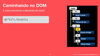 Eduardo Mendes (edumendes@gmail.com)56
Caminhando no DOM
E como encontrar o elemento do meio?
$(“li”).first();
body
h1
Qual o tema…
ul
li
Grécia Antiga
h2
Temas de fes…
li
Oscar
li
White Party
 