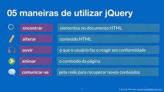 Eduardo Mendes (edumendes@gmail.com)
05 maneiras de utilizar jQuery
7
encontrar elementos no documento HTML
alterar conteúdo HTML
ouvir o que o usuário faz e reagir em conformidade
animar o conteúdo da página
comunicar-se pela rede para recuperar novos conteúdos
 