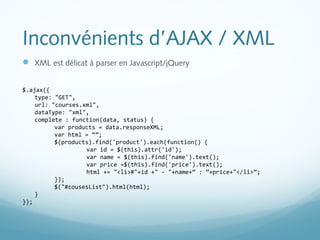 Inconvénients d’AJAX / XML 
 XML est délicat à parser en Javascript/jQuery 
$.ajax({ 
type: "GET", 
url: "courses.xml", 
dataType: "xml", 
complete : function(data, status) { 
var products = data.responseXML; 
var html = “”; 
$(products).find('product').each(function() { 
var id = $(this).attr('id'); 
var name = $(this).find('name').text(); 
var price =$(this).find('price').text(); 
html += "<li>#"+id +" - "+name+” : ”+price+"</li>”; 
}); 
$("#cousesList").html(html); 
} 
}); 
 