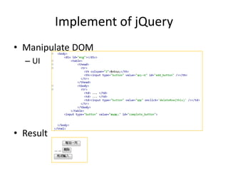 Implement of jQuery
• Manipulate DOM
– UI
• Result
 
