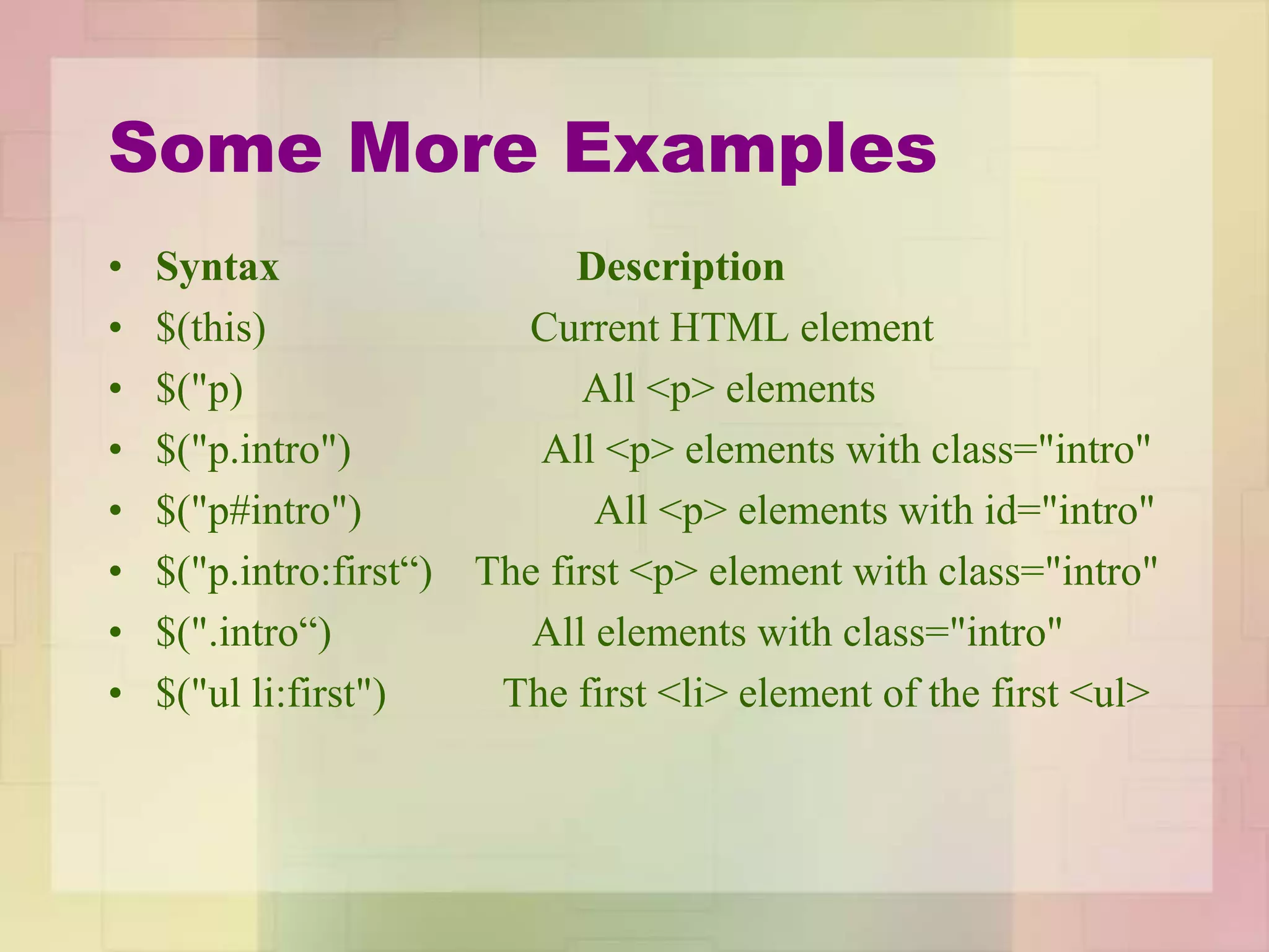 Some More Examples
• Syntax Description
• $(this) Current HTML element
• $("p) All <p> elements
• $("p.intro") All <p> elements with class="intro"
• $("p#intro") All <p> elements with id="intro"
• $("p.intro:first“) The first <p> element with class="intro"
• $(".intro“) All elements with class="intro"
• $("ul li:first") The first <li> element of the first <ul>
 