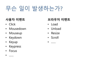 무슨 일이 발생하는가?
사용자 이벤트
• Click
• Mousedown
• Mouseup
• Keydown
• Keyup
• Keypress
• Focus
• ……
브라우저 이벤트
• Load
• Unload
• Resize
• Scroll
• ……
 
