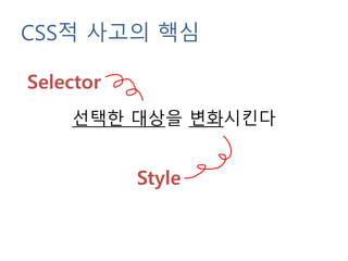 CSS적 사고의 핵심
선택한 대상을 변화시킨다
Selector
Style
 
