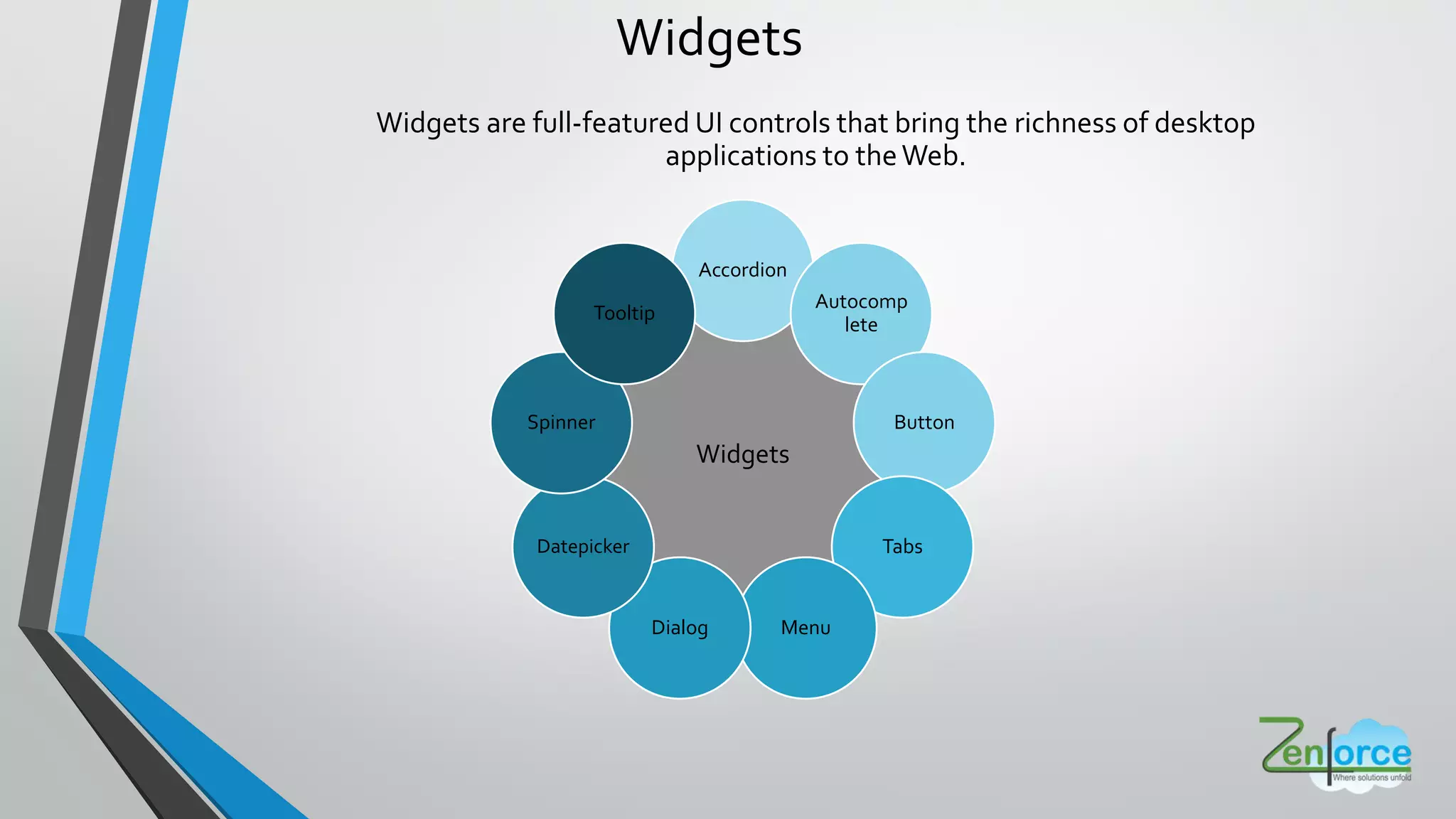 Widgets are full-featured UI controls that bring the richness of desktop
applications to theWeb.
Widgets
Widgets
Accordion
Autocomp
lete
Button
Tabs
MenuDialog
Datepicker
Spinner
Tooltip
 