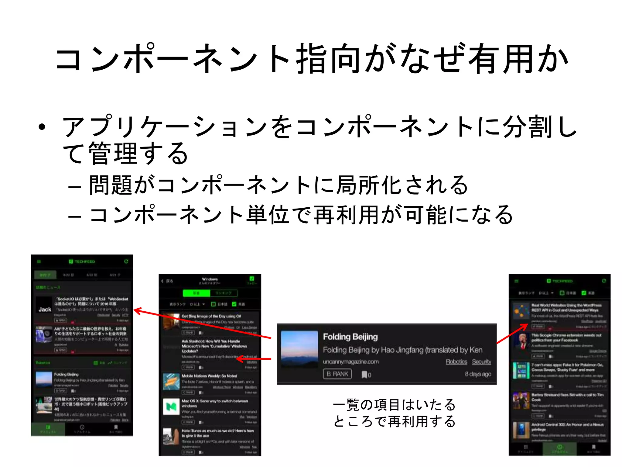 コンポーネント指向がなぜ有用か
• アプリケーションをコンポーネントに分割し
て管理する
– 問題がコンポーネントに局所化される
– コンポーネント単位で再利用が可能になる
一覧の項目はいたる
ところで再利用する
 