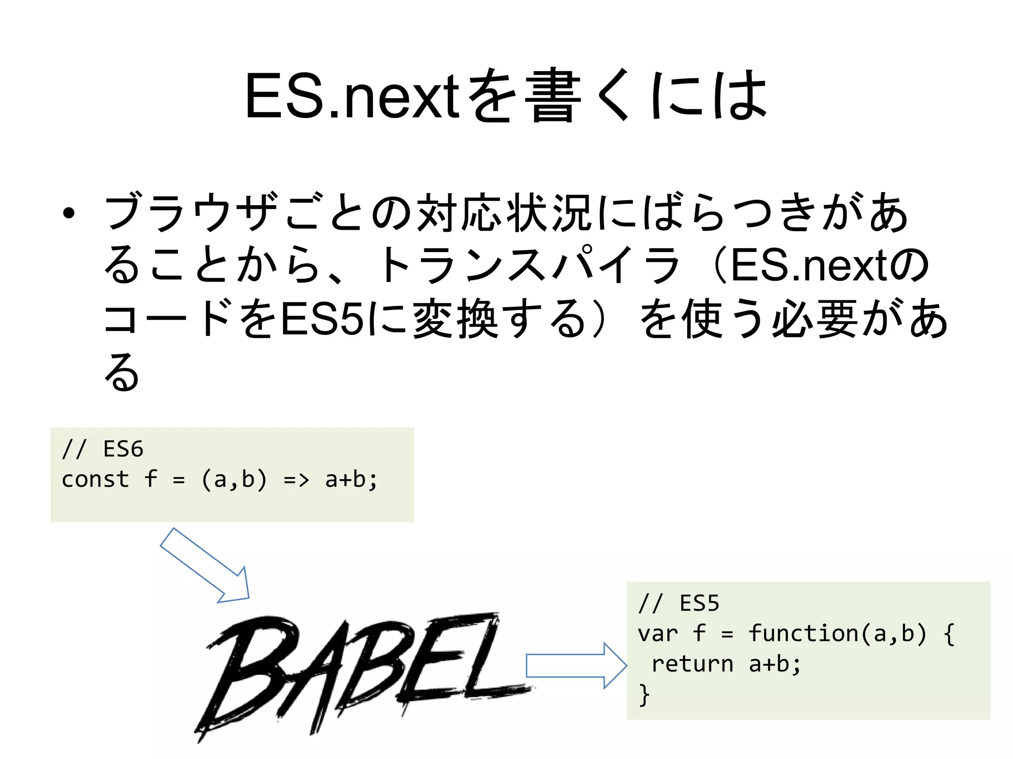 ES.nextを書くには
• ブラウザごとの対応状況にばらつきがあ
ることから、トランスパイラ（ES.nextの
コードをES5に変換する）を使う必要があ
る
// ES6
const f = (a,b) => a+b;
// ES5
var f = function(a,b) {
return a+b;
}
 