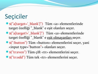 Seçiciler
$("a[target='_blank']") Tüm <a> elementlerinde
target özelliği "_blank" e eşit olanları seçer.
$("a[target!='_blank']") Tüm <a> elementlerinde
target özelliği "_blank" e eşit olmayanları seçer.
$(":button") Tüm <button> elementlerini seçer, yani
<input type="button"> olanları seçer.
$("tr:even") Tüm çift <tr> elementlerini seçer.
$("tr:odd") Tüm tek <tr> elementlerini seçer.
 
