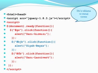 <html><head>
<script src="jquery-1.8.3.js"></script>
<script>
$(document).ready(function(){
 $("#gs").click(function(){
 alert("Sarı-kırmızı");
 });
 $("#bjk").click(function(){
 alert("Siyah-Beyaz");
 });
 $("#fb").click(function(){
 alert("Sarı-Larcivert");
 });
 });
</script>
Div’e tıklama
ve mesaj
verme
 