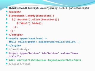 <html><head><script src="jquery-1.8.3.js"></script>
<script>
$(document).ready(function(){
 $(":button").click(functio...