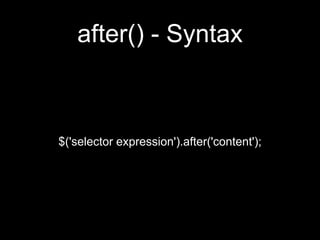 after() - Syntax
$('selector expression').after('content');
 