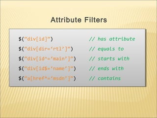 $(“div[id]”) // has attribute
$(“div[dir=‘rtl’]”) // equals to
$(“div[id^=‘main’]”) // starts with
$(“div[id$=‘name’]”) // ends with
$(“a[href*=‘msdn’]”) // contains
$(“div[id]”) // has attribute
$(“div[dir=‘rtl’]”) // equals to
$(“div[id^=‘main’]”) // starts with
$(“div[id$=‘name’]”) // ends with
$(“a[href*=‘msdn’]”) // contains
Attribute Filters
 