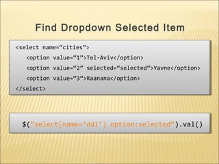 $(“select[name=‘ddl’] option:selected”).val()$(“select[name=‘ddl’] option:selected”).val()
Find Dropdown Selected Item
<select name=“cities”>
<option value=“1”>Tel-Aviv</option>
<option value=“2” selected=“selected”>Yavne</option>
<option value=“3”>Raanana</option>
</select>
<select name=“cities”>
<option value=“1”>Tel-Aviv</option>
<option value=“2” selected=“selected”>Yavne</option>
<option value=“3”>Raanana</option>
</select>
 