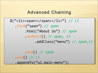 $(“<li><span></span></li>”) // li
.find(“span”) // span
.html(“About Us”) // span
.andSelf() // span, li
.addClass(“menu”) // span,li
.end() // span
.end() // li
.appendTo(“ul.main-menu”);
$(“<li><span></span></li>”) // li
.find(“span”) // span
.html(“About Us”) // span
.andSelf() // span, li
.addClass(“menu”) // span,li
.end() // span
.end() // li
.appendTo(“ul.main-menu”);
Advanced Chaining
 