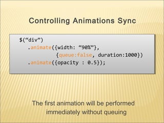 $(“div”)
.animate({width: “90%”},
{queue:false, duration:1000})
.animate({opacity : 0.5});
$(“div”)
.animate({width: “90%”},
{queue:false, duration:1000})
.animate({opacity : 0.5});
Controlling Animations Sync
The first animation will be performed
immediately without queuing
 