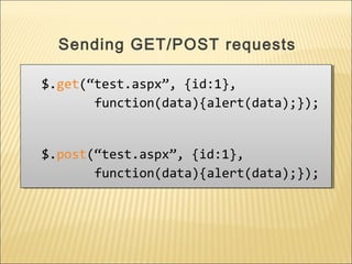 $.get(“test.aspx”, {id:1},
function(data){alert(data);});
$.post(“test.aspx”, {id:1},
function(data){alert(data);});
$.get(“test.aspx”, {id:1},
function(data){alert(data);});
$.post(“test.aspx”, {id:1},
function(data){alert(data);});
Sending GET/POST requests
 