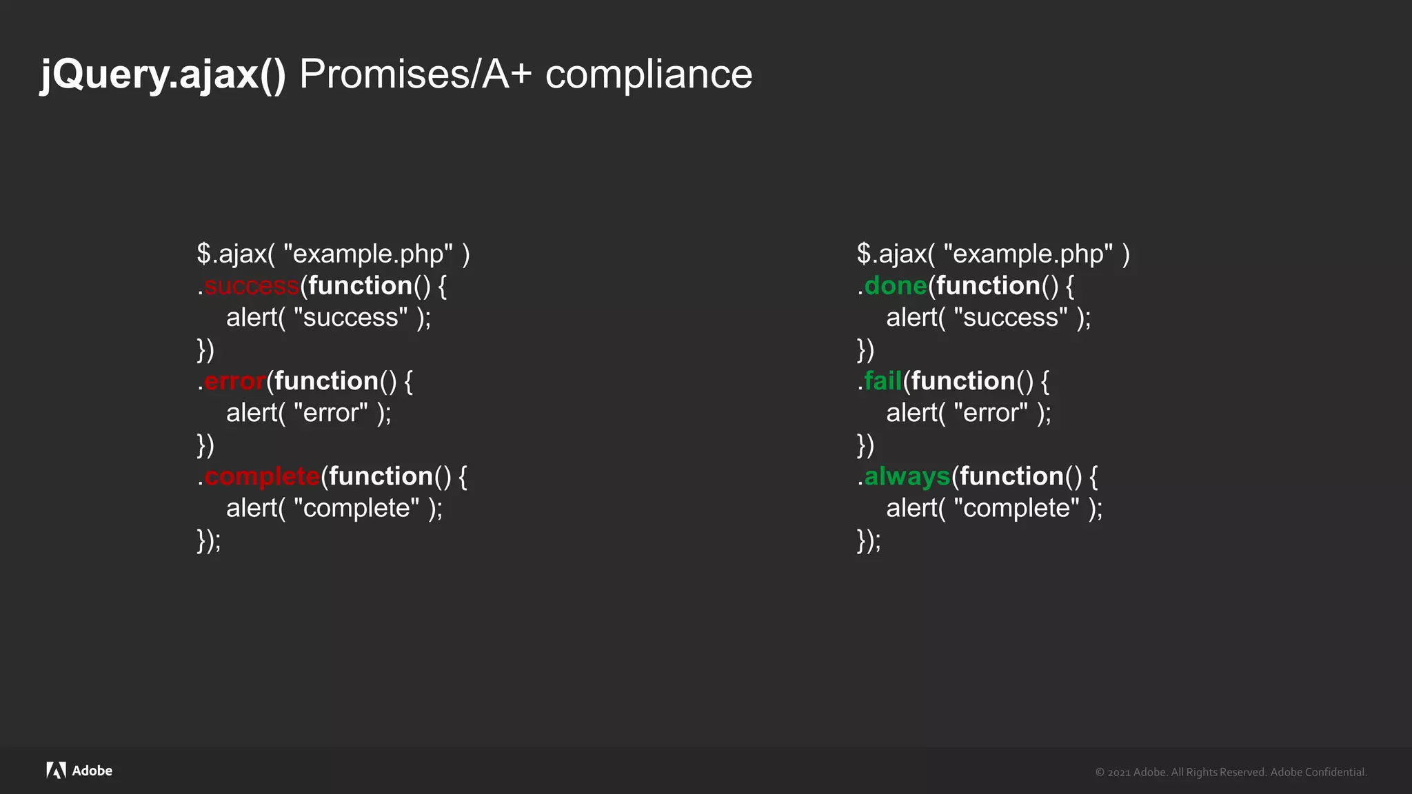 © 2021 Adobe. All Rights Reserved. Adobe Confidential.
© 2021 Adobe. All Rights Reserved. Adobe Confidential.
jQuery.ajax() Promises/A+ compliance
$.ajax( "example.php" )
.done(function() {
alert( "success" );
})
.fail(function() {
alert( "error" );
})
.always(function() {
alert( "complete" );
});
$.ajax( "example.php" )
.success(function() {
alert( "success" );
})
.error(function() {
alert( "error" );
})
.complete(function() {
alert( "complete" );
});
 