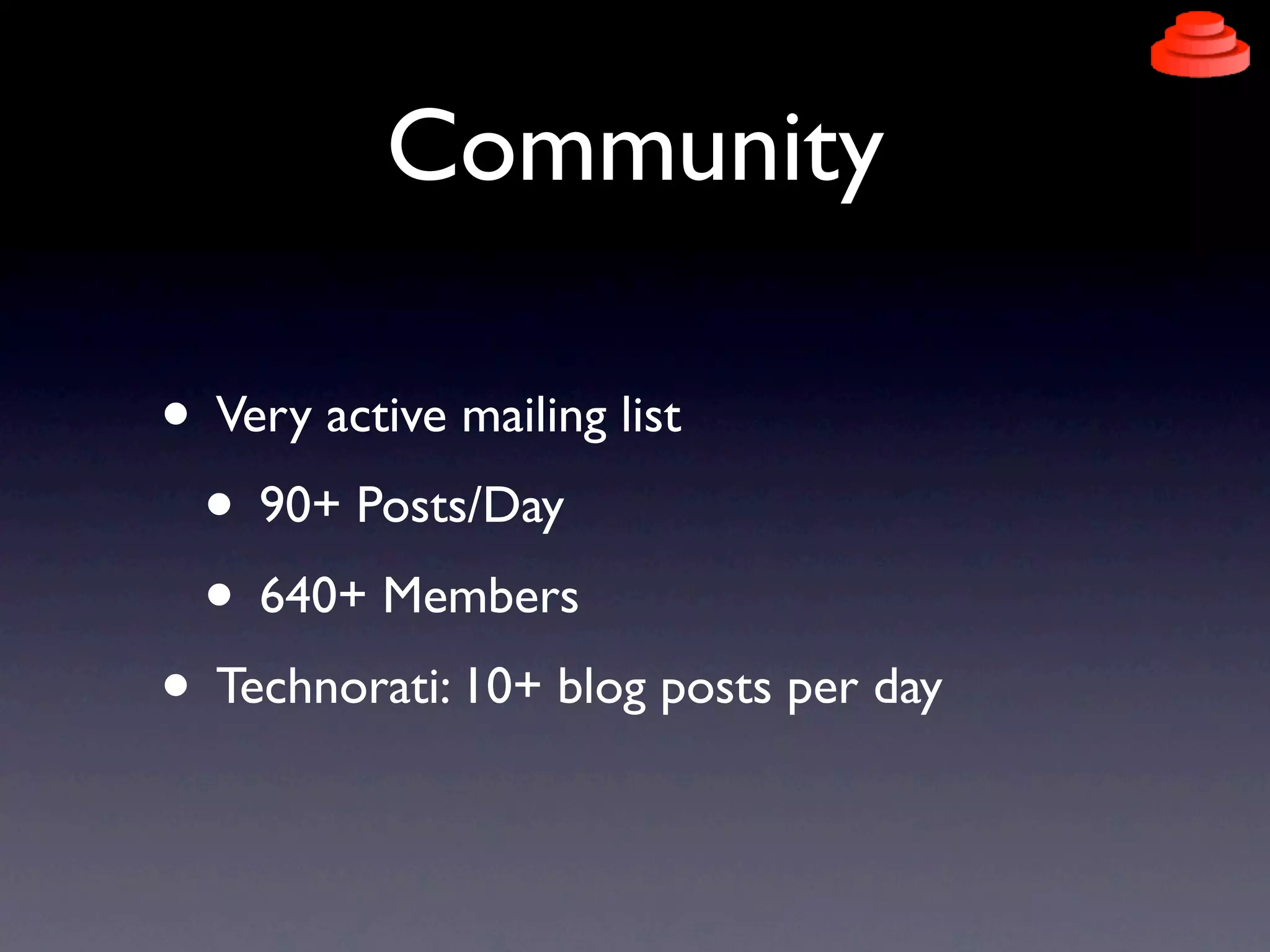 Community

• Very active mailing list
 • 90+ Posts/Day
 • 640+ Members
• Technorati: 10+ blog posts per day
 