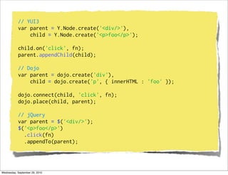 // YUI3
           var parent = Y.Node.create('<div/>'),
               child = Y.Node.create('<p>foo</p>');

           child.on('click', fn);
           parent.appendChild(child);

           // Dojo
           var parent = dojo.create('div'),
               child = dojo.create('p', { innerHTML : 'foo' });

           dojo.connect(child, 'click', fn);
           dojo.place(child, parent);

           // jQuery
           var parent = $('<div/>');
           $('<p>foo</p>')
             .click(fn)
             .appendTo(parent);




Wednesday, September 29, 2010
 