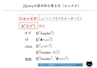 $(‘要素’)
$(‘header’)
$(‘#main’)
$(‘.main’)
id
class
何を
タグ
$(‘header h1’)
セレクタ・・・cssのセレクタと同義語
jQueryの基本的な書き方（セレクタ）
$(‘header’, ‘#main’)複数
$(セレクタ) .メソッド(パラメーター) ;
 