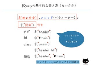 $(‘要素’)
$(‘header’)
$(‘#main’)
$(‘.main’)
id
class
何を
タグ
$(‘header h1’)
セレクタ・・・cssのセレクタと同義語
$(‘header’, ‘#main’)複数
とってきたもの
＝
オブジェクト
jQueryの基本的な書き方（セレクタ）
$(セレクタ) .メソッド(パラメーター) ;
 