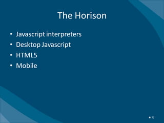 The Horison
•   Javascript interpreters
•   Desktop Javascript
•   HTML5
•   Mobile




                                ★ 72
 