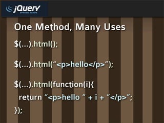 One Method, Many Uses
$(...).html();

$(...).html(“<p>hello</p>”);

$(...).html(function(i){
 return “<p>hello “ + i + “</p>”;
});
 