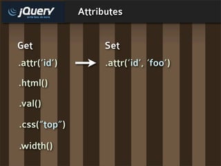 Attributes


Get                 Set
.attr(‘id’)         .attr(‘id’, ‘foo’)
.html()
.val()

.css(“top”)

.width()
 