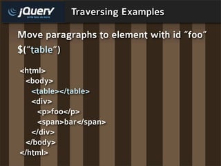 Traversing Examples

Move paragraphs to element with id “foo”
$(“table”)
<html>
 <body>
   <table></table>
   <div>
    <p>foo</p>
    <span>bar</span>
   </div>
 </body>
</html>
 