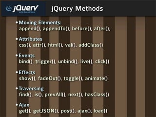 jQuery Methods
•Moving Elements:
 append(), appendTo(), before(), after(),
•Attributes
 css(), attr(), html(), val(), addC...