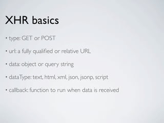 XHR basics
• type: GET     or POST

• url: a   fully qualiﬁed or relative URL

• data: object   or query string

• dataType: text, html, xml, json, jsonp, script

• callback: function   to run when data is received
 