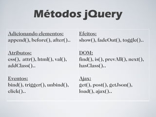 Métodos jQuery Adicionando elementos: append(), before(), after().. Atributos: css(),  attr(), html(), val(), addClass().. Eventos: bind(), trigger(), unbind(), click().. Efeitos: show(), fadeOut(), toggle().. DOM: find(), is(), prevAll(), next(), hasClass().. Ajax: get(), post(), getJson(), load(), ajax().. 