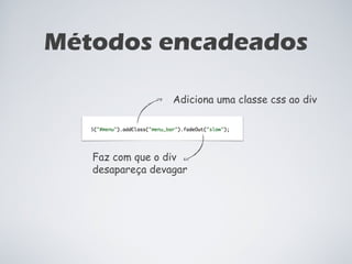 Métodos encadeados Adiciona uma classe css ao div Faz com que o div  desapareça devagar 