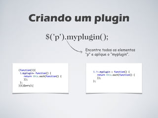 Criando um plugin $('p').myplugin(); Encontre todos os elementos  “ p” e aplique o “myplugin”. 