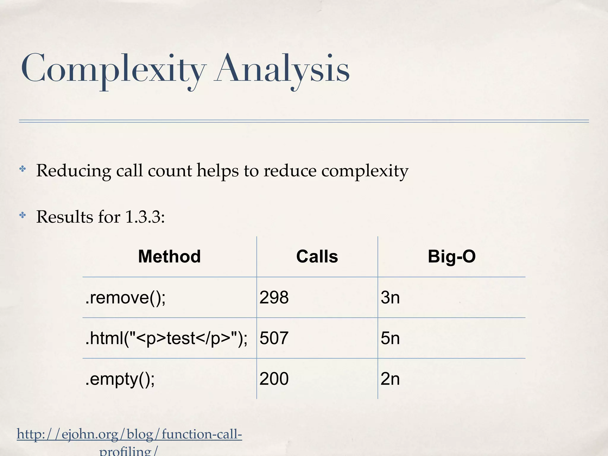 Complexity Analysis

✤
    Reducing call count helps to reduce complexity

✤
    Results for 1.3.3:

                   Method                    Calls        Big-O

          .remove();                   298           3n

          .html("<p>test</p>"); 507                  5n

          .empty();                    200           2n


http://ejohn.org/blog/function-call-
 