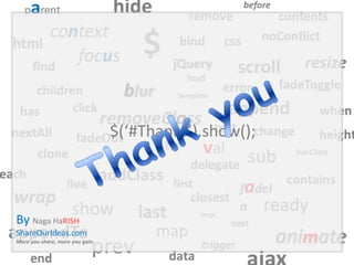 $(‘#Thanks’).show();



By Naga HaRISH
ShareOurIdeas.com
More you share, more you gain
 