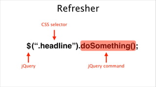 Refresher
CSS selector

$ (“.headline”).doSomething();
jQuery

jQuery command

 