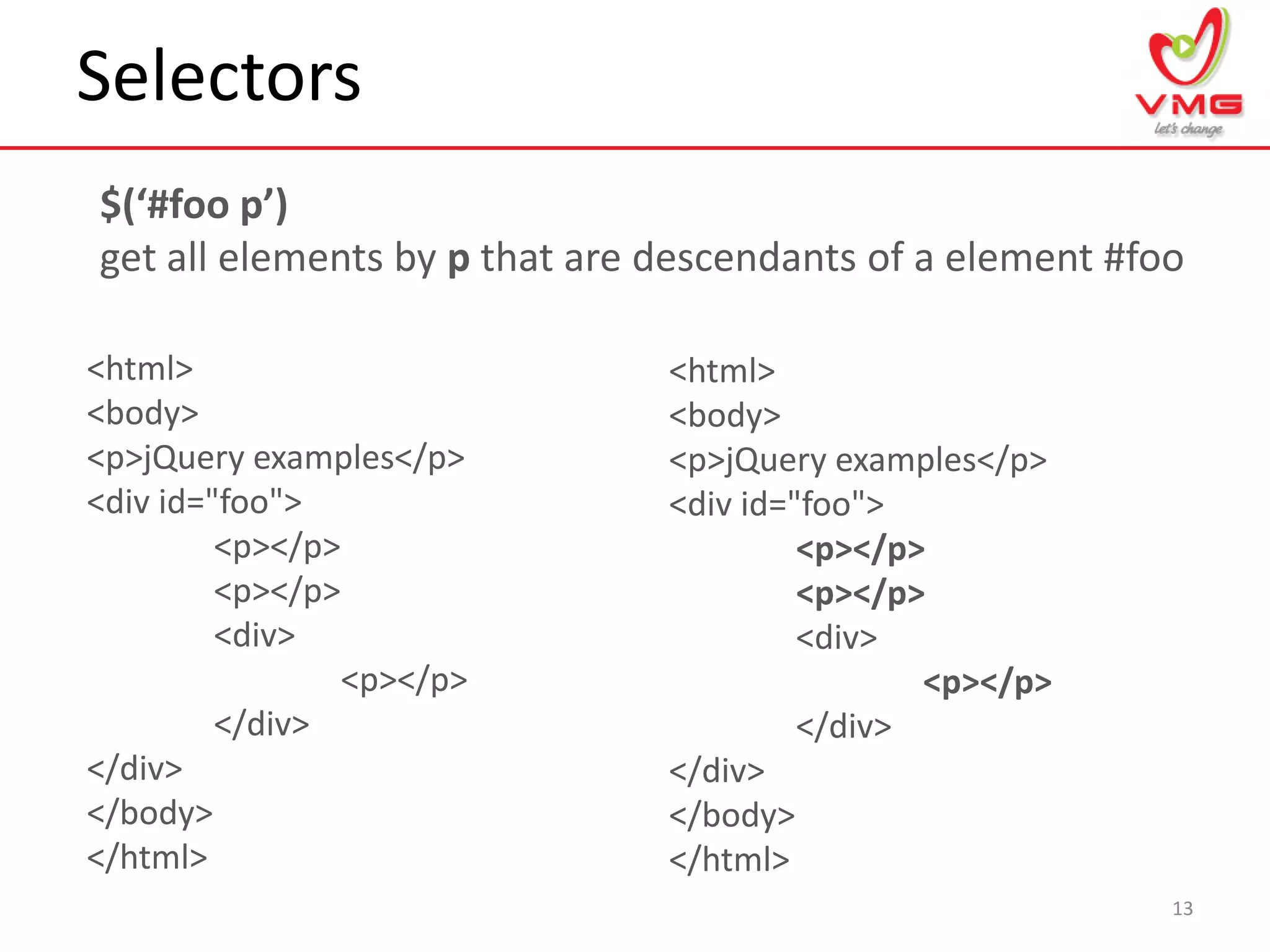 Selectors
13
$(‘#foo p’)
get all elements by p that are descendants of a element #foo
<html>
<body>
<p>jQuery examples</p>
<div id="foo">
<p></p>
<p></p>
<div>
<p></p>
</div>
</div>
</body>
</html>
<html>
<body>
<p>jQuery examples</p>
<div id="foo">
<p></p>
<p></p>
<div>
<p></p>
</div>
</div>
</body>
</html>
 