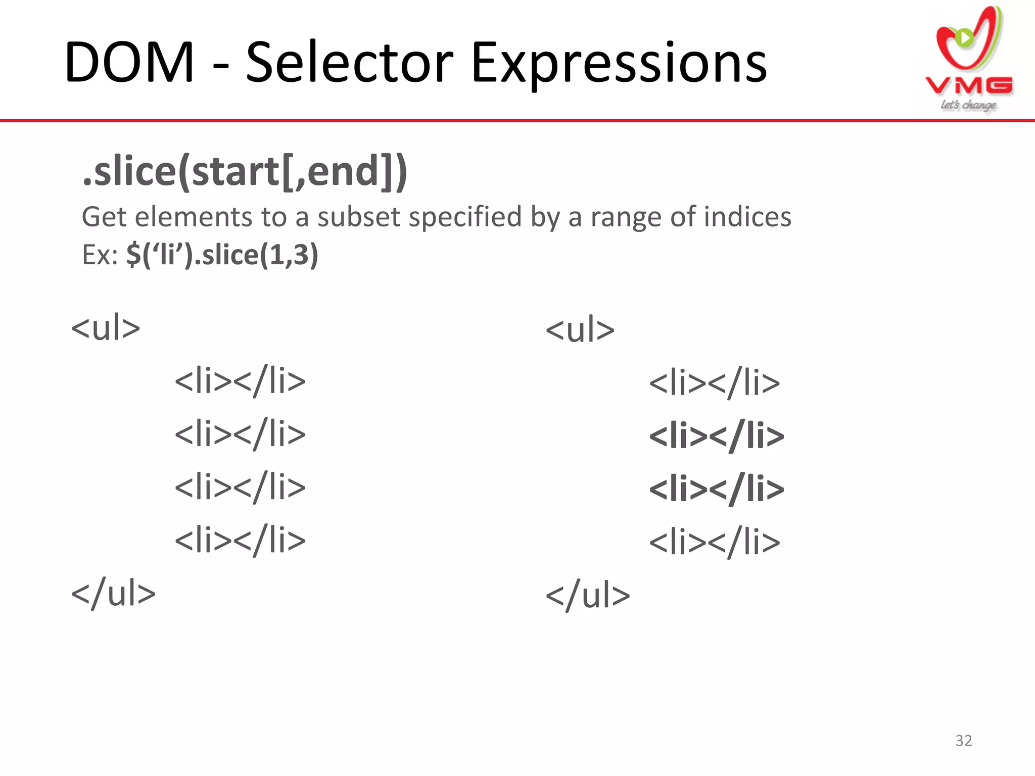 DOM - Selector Expressions
32
.slice(start[,end])
Get elements to a subset specified by a range of indices
Ex: $(‘li’).slice(1,3)
<ul>
<li></li>
<li></li>
<li></li>
<li></li>
</ul>
<ul>
<li></li>
<li></li>
<li></li>
<li></li>
</ul>
 
