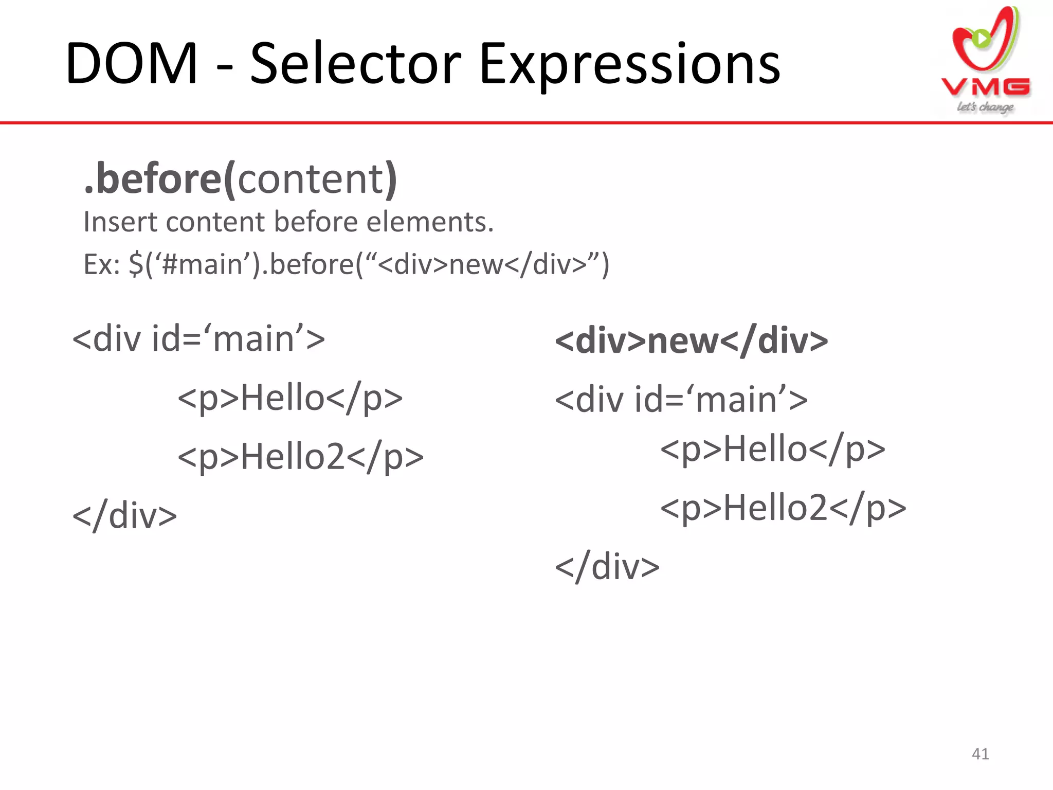 DOM - Selector Expressions
41
.before(content)
Insert content before elements.
Ex: $(‘#main’).before(“<div>new</div>”)
<div id=‘main’>
<p>Hello</p>
<p>Hello2</p>
</div>
<div>new</div>
<div id=‘main’>
<p>Hello</p>
<p>Hello2</p>
</div>
 