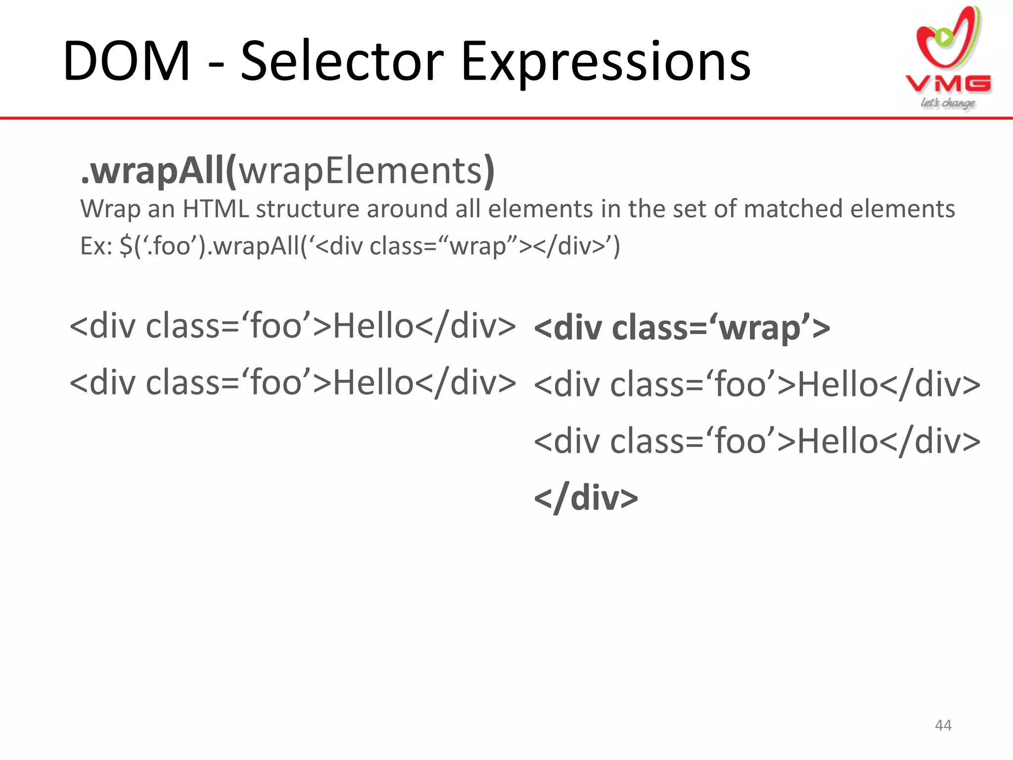 DOM - Selector Expressions
44
.wrapAll(wrapElements)
Wrap an HTML structure around all elements in the set of matched elements
Ex: $(‘.foo’).wrapAll(‘<div class=“wrap”></div>’)
<div class=‘foo’>Hello</div>
<div class=‘foo’>Hello</div>
<div class=‘wrap’>
<div class=‘foo’>Hello</div>
<div class=‘foo’>Hello</div>
</div>
 