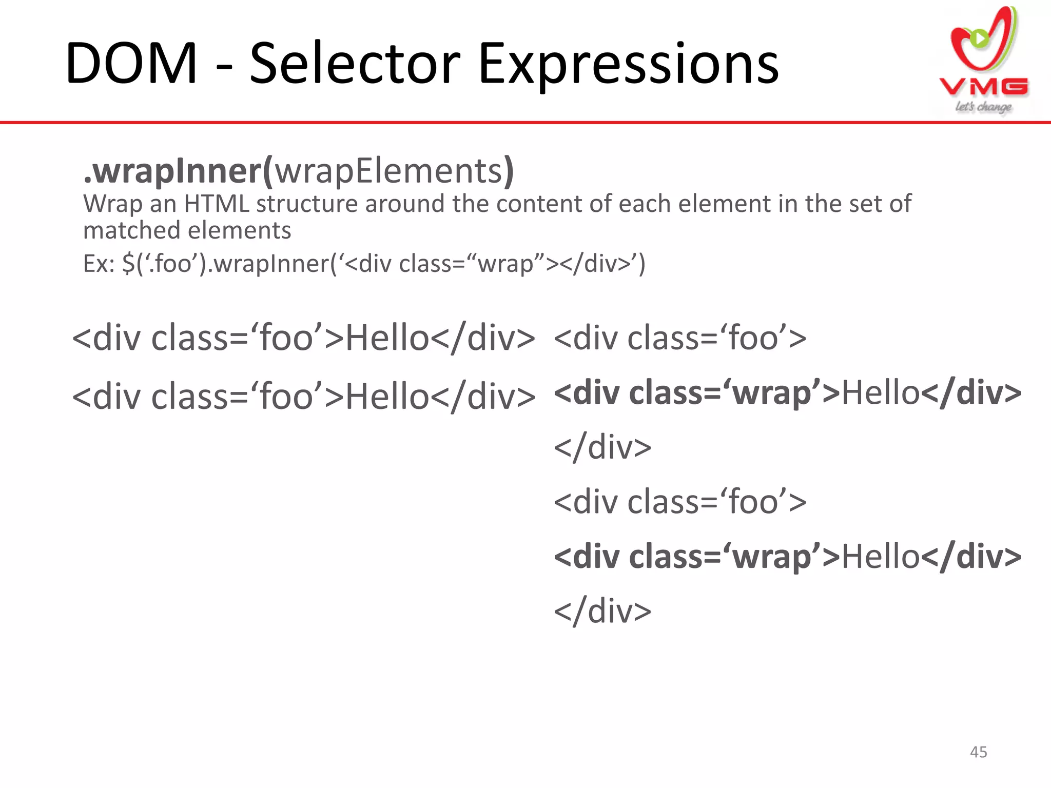 DOM - Selector Expressions
45
.wrapInner(wrapElements)
Wrap an HTML structure around the content of each element in the set of
matched elements
Ex: $(‘.foo’).wrapInner(‘<div class=“wrap”></div>’)
<div class=‘foo’>Hello</div>
<div class=‘foo’>Hello</div>
<div class=‘foo’>
<div class=‘wrap’>Hello</div>
</div>
<div class=‘foo’>
<div class=‘wrap’>Hello</div>
</div>
 