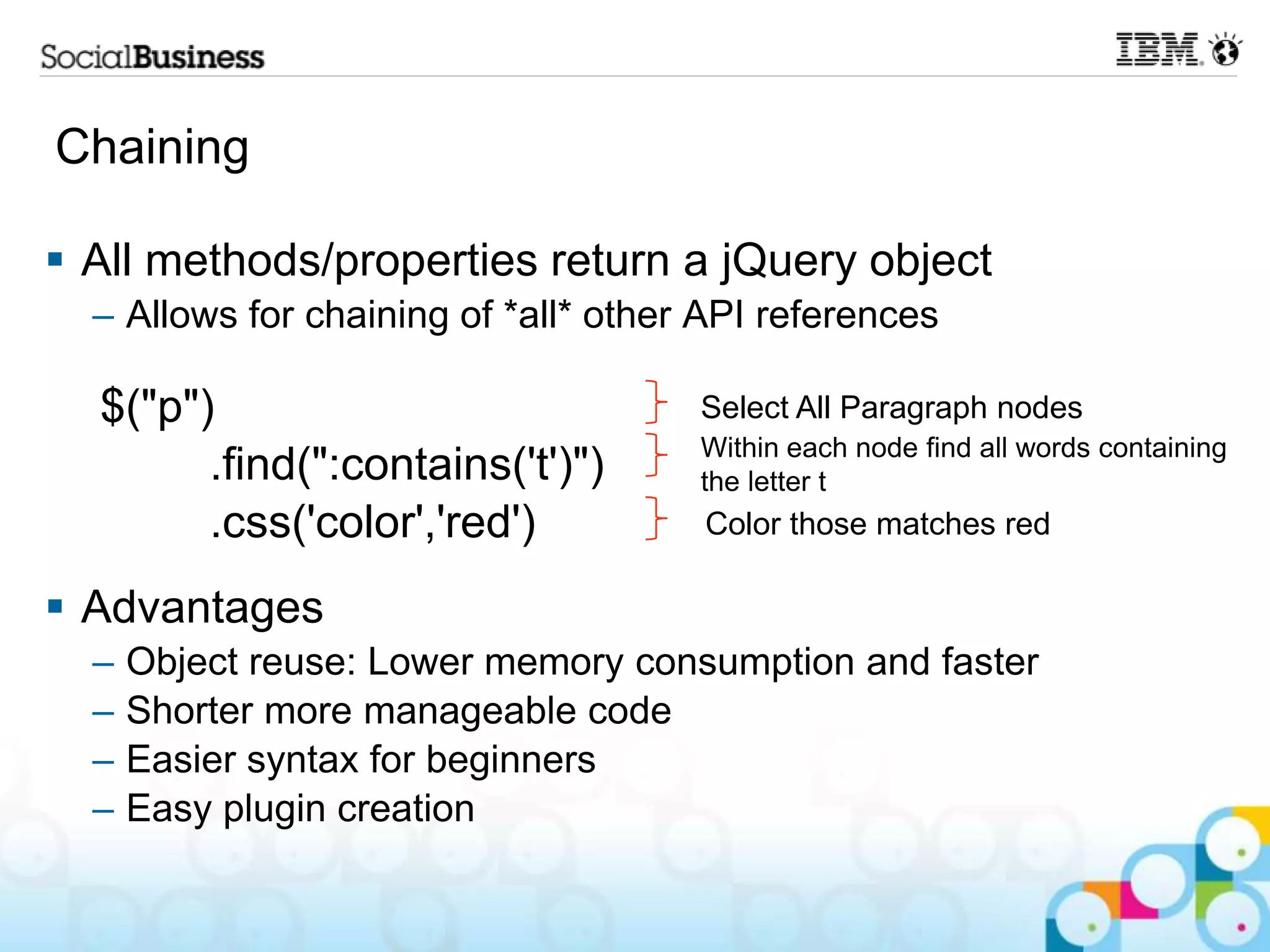 Chaining  All methods/properties return a jQuery object – Allows for chaining of *all* other API references $("p") Select All Paragraph nodes Within each node find all words containing .find(":contains('t')") the letter t .css('color','red') Color those matches red  Advantages – Object reuse: Lower memory consumption and faster – Shorter more manageable code – Easier syntax for beginners – Easy plugin creation 